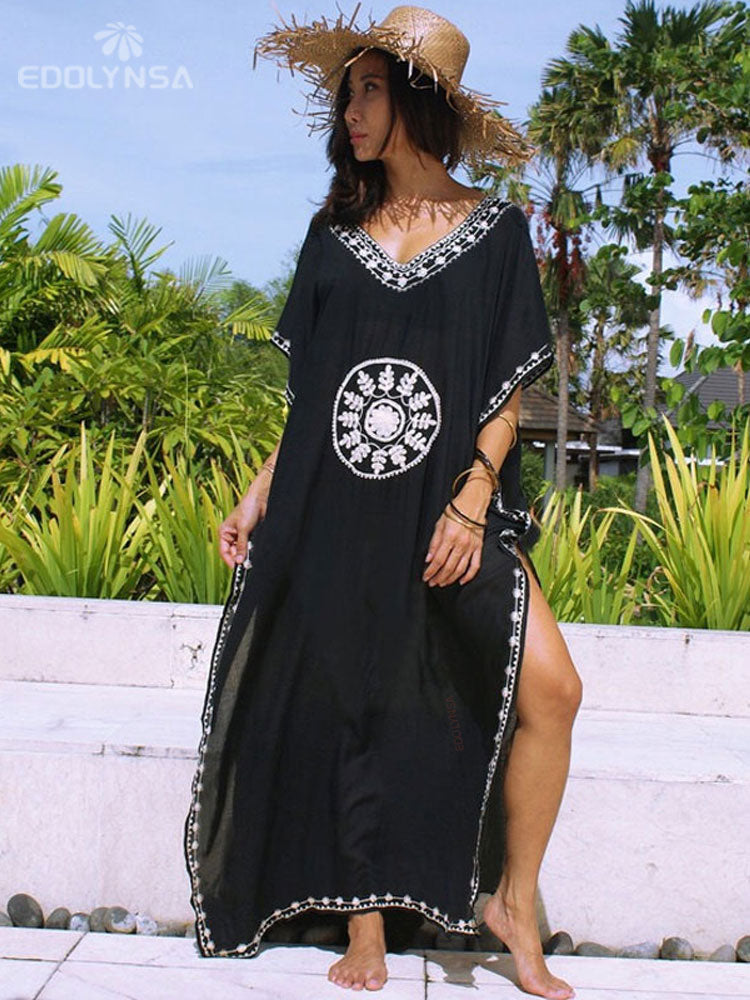 2023 Sexy Cold Shoulder V Neck Bats Sleeve Loose Summer Beach Dress Plus Size Women Beachwear Kaftan Black Dresses Q943