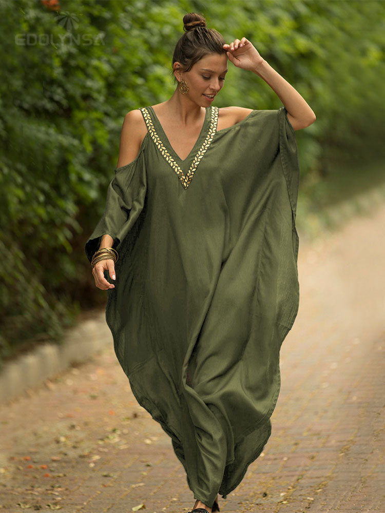 2023 Sexy Cold Shoulder V Neck Bats Sleeve Loose Summer Beach Dress Plus Size Women Beachwear Kaftan Black Dresses Q943