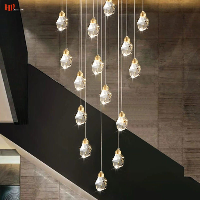 K9 Nordic Crystal Cube Chandelier Indoor Decor Led Light For Home Staircase Loft Spiral Hanging Lamp Living Dining Room Bedroom