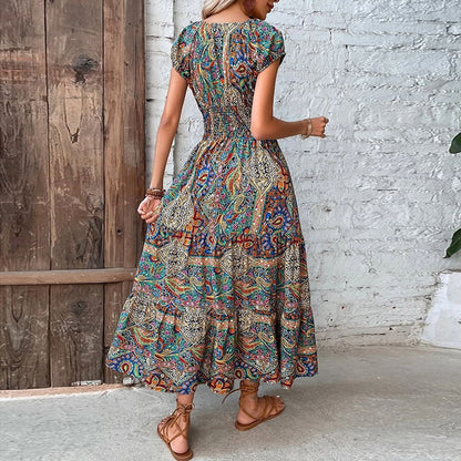 2023 Vintage Print Long Dress Women Summer V Neck Sexy Short Sleeve Elegant Elastic Waist A-line Maxi Dresses For Women