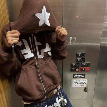 Star Letter Print Hoodie Men Retro Zip Up Long Sleeve Loose Jacket Coats Harajuku Casual Gothic Hooded Sweatshirt Y2K Streetwear