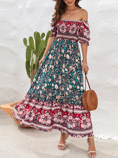 Boho Floral Print Long Dress Women Summer Beach Sundress Short Sleeve Square Neck Ruffle Pleated Dress Bohemian Casual Dresses