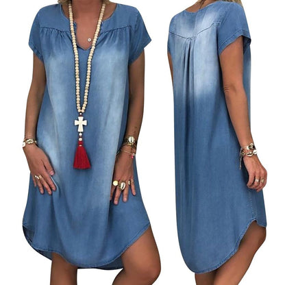 Denim Dress S-5xl Women's NEW Fashion Casual Solid Sexy V Neck Long Party Loose платье Short Sleeve Swing Summer Dress