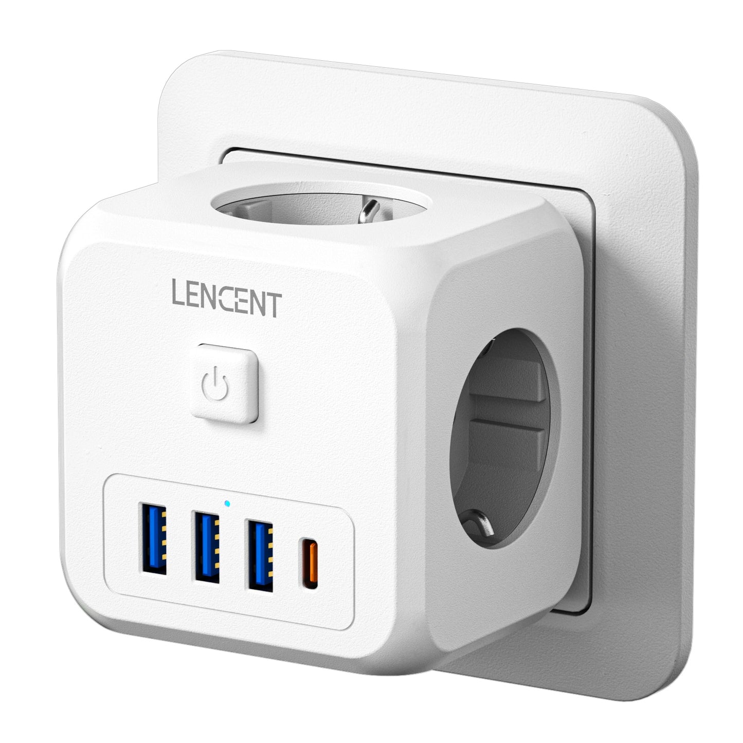 LENCENT EU Plug Power Strip with  3 AC Outlets +3 USB Charging Ports+ 1 Type C 5V 2.4A  Adapter 7-in-1 Plug Socket On/Off Switch