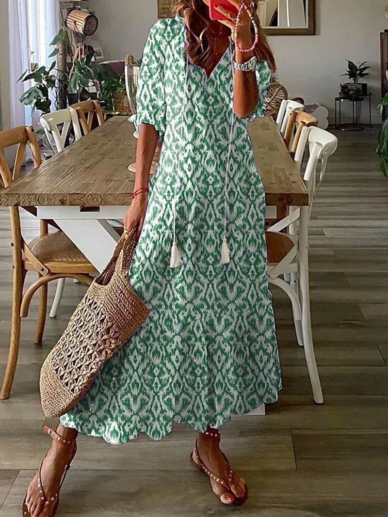 Boho Maxi Dress Women Summer 2023 V Neck Loose Long Dresses Geometric Print Vintage Holiday Beach Casual Tie Up Female Vestidos