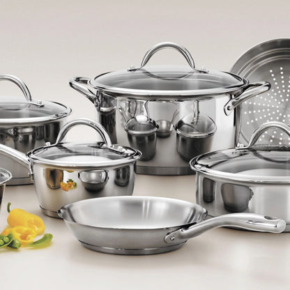 Gourmet Stainless Steel Tri-Ply Base Cookware Set, 12 Piece Camping Cookware