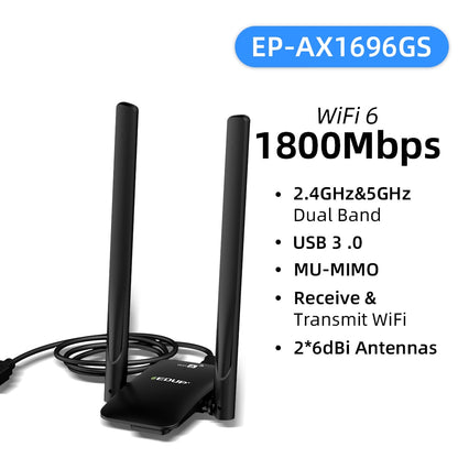 EDUP WiFi 6 USB Adapter Dual Band AX1800 USB3.0 Wireless Wi-Fi Dongle Drive Free Network Card WiFi6 Adapter For Desktop Laptop