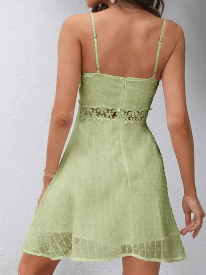 Dotted Swiss Lace Splicing Sleeveless Green Mini Dress New 2023 Summer Elegant Dress Print Elastic Short Skirt for Women