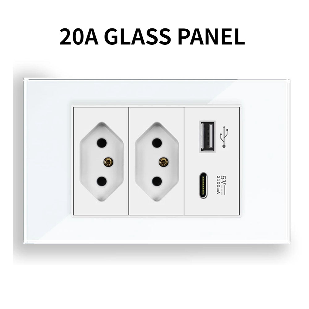 20A Brazil/US/Italy/Chile Plug Wall Sockets USB Type C Pressure Switch Plastic/ Tempered Glass 118 Panel Outlets Home Office