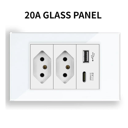 20A Brazil/US/Italy/Chile Plug Wall Sockets USB Type C Pressure Switch Plastic/ Tempered Glass 118 Panel Outlets Home Office