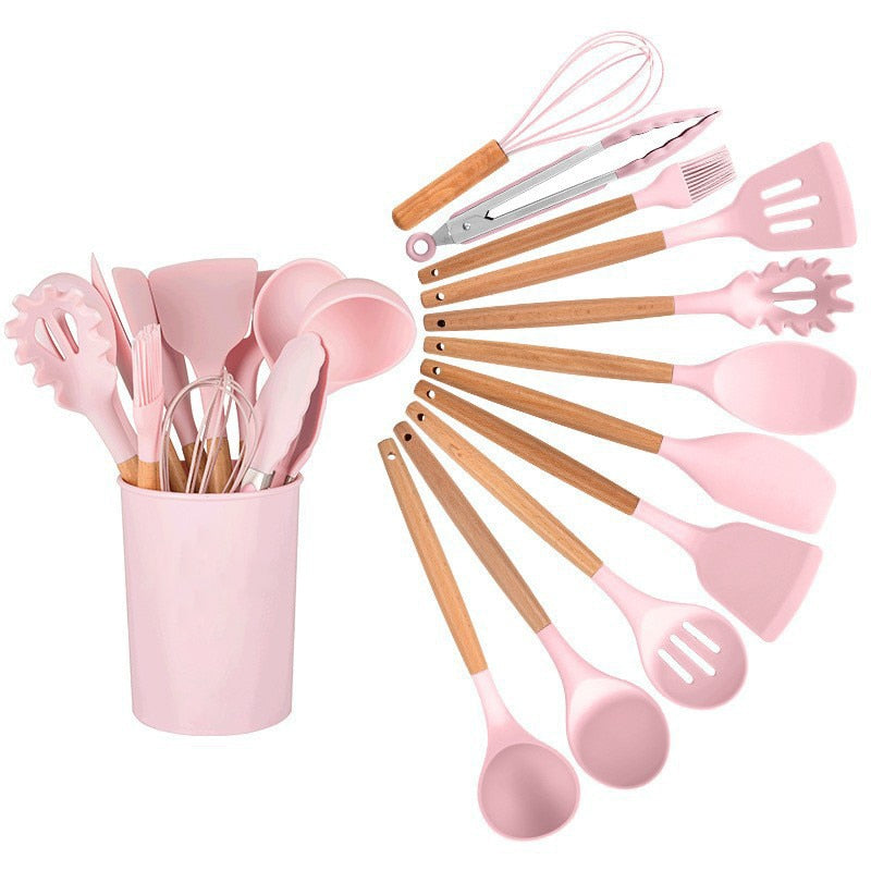 11/12PCS Silicone Kitchenware Non-Stick Cookware Kitchen Utensils Set Spatula Shovel Egg Beaters Wooden Handle Cooking Tool Set