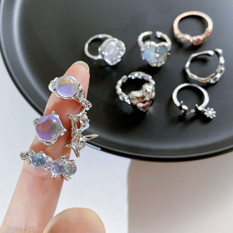 Kpop Retro Gothic Silver Color Heart Metal Ring For Women Girls Vintage Y2k Crystal Open Rings Punk Geometry Rings Party Jewelry