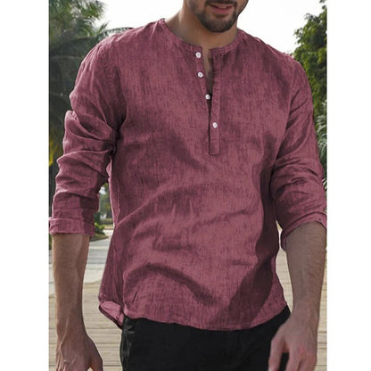 Men Shirt Long Sleeve Men\\&#39;s Casual Cotton Linen Loose Solid Color Fashion V Neck Blouse Spring Summer Handsome Men Shirts Tops