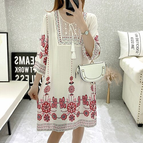 Women's Clothing Women Indian Dress Ready Stock Summer Vintage Causal Korean Style Beach Embroidery Tassel Floral Print Vestidos