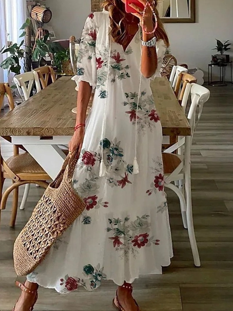 Boho Maxi Dress Women Summer 2023 V Neck Loose Long Dresses Geometric Print Vintage Holiday Beach Casual Tie Up Female Vestidos