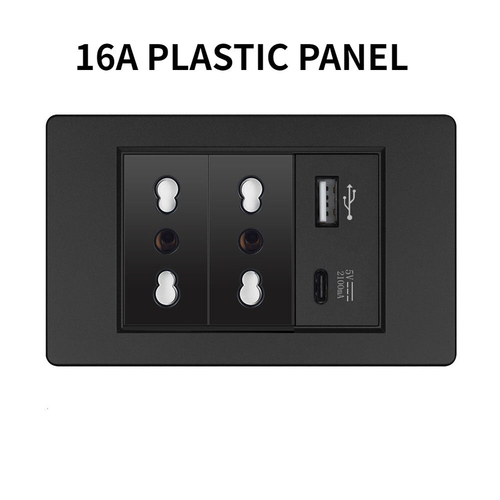 20A Brazil/US/Italy/Chile Plug Wall Sockets USB Type C Pressure Switch Plastic/ Tempered Glass 118 Panel Outlets Home Office
