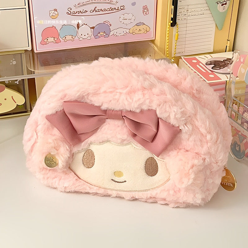 Sanrioed Hello Kitty Plush Pencil Case My Melody Cinnamoroll Purin Cartoon Storage Bag Large Capacity Makeup Bag Stationery Gift