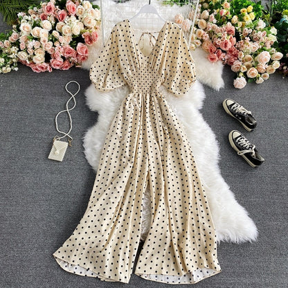 F V Neck Sexy Dolman Sleeves Waist Slim Polka Dot Print Jumpsuit Women Wide Leg Trousers Jumpsuit
