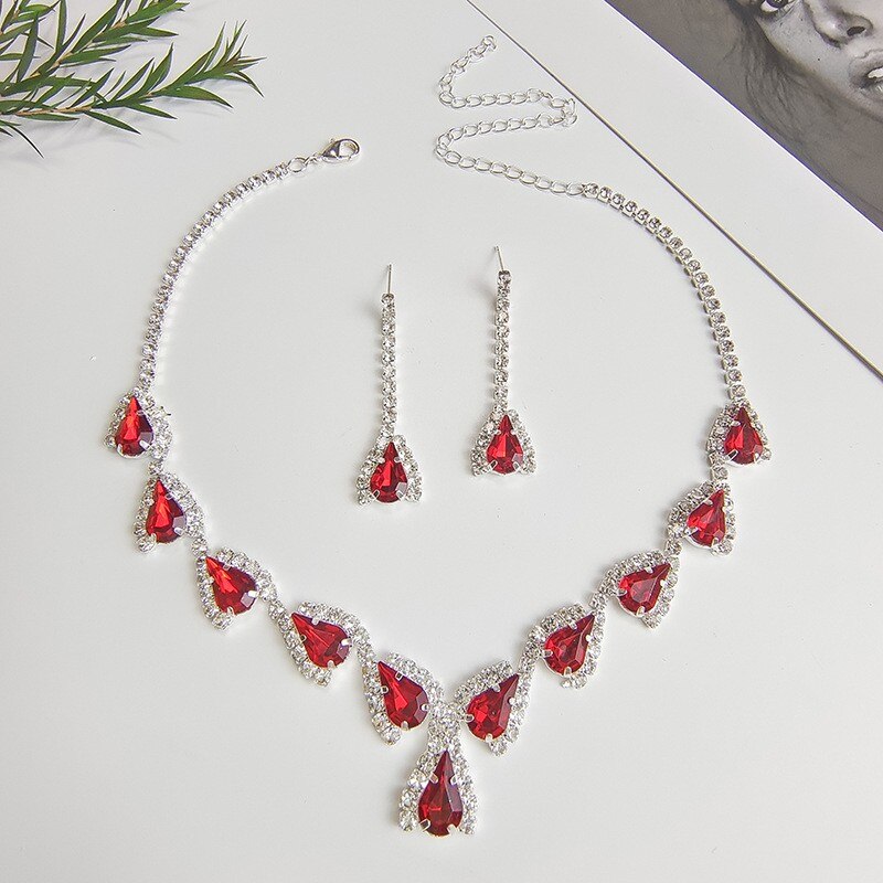 Bohemian Geometric Red Crystal Bridal Wedding Jewelry Sets For Women Statement Rhinestone Gold Color Clavicle Luxury Jewelry