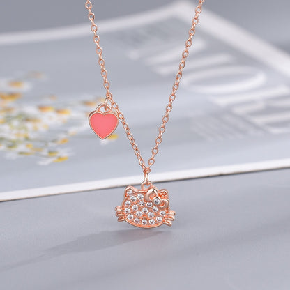 Lovely Cartoon Hellokitty Sanrio Anime Kids Chain Necklaces Cute Hollowed Kitty Crystal Necklace for Women Girls Birthday Gift