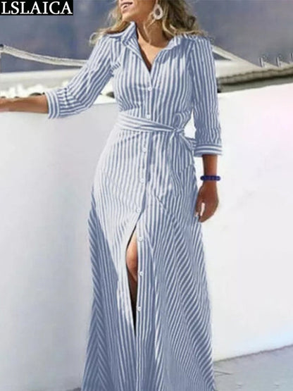 Shirt Women&#39;s Dress Boho Elegant Party Dresses 2023 Long Evening Gown Lace Up Simple Summer Striped Gowns Ladies Chic New Trendy