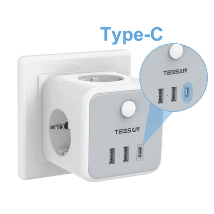 TESSAN Multi Outlets Power Stirp with Outlet and USB Ports, EU Wall Socket Power Adapter with Overload Protection for Home