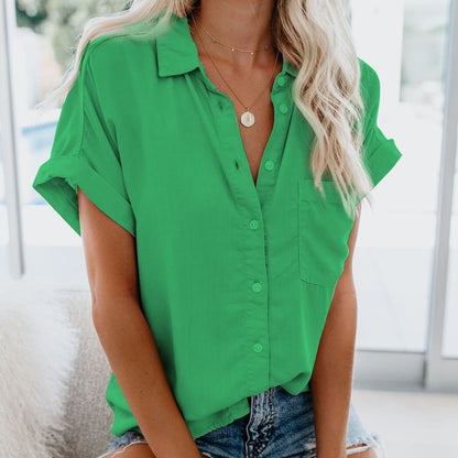 Fashion Loose Lapel Button Shirt Women OL Solid Ladies Shirts Summer Casual Tops Short Sleeve Women's Blouse Blusas Mujer 20027
