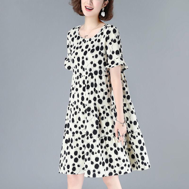 Female Clothing Casual Dot Printed A-Line Dresses Summer Butterfly Sleeve Korean Round Neck All-match Loose Spliced Midi Dress
