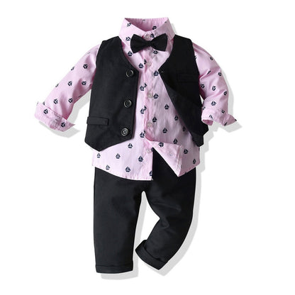 Baby Boy Clothes Birthday Party Baby Costume Boys Gentleman Tie Blue Shirt Vest Pants Autumn Toddler Baby Clothing Set Outfits