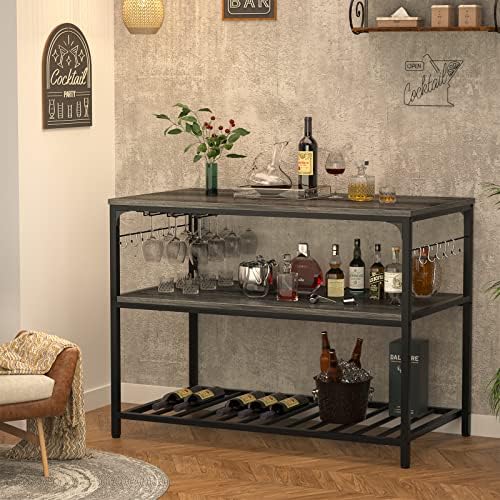 Island with Wine Glass Holder, Industrial Wood and Metal Coffee Bar Wine  Table, 3 Tier Spacious Kitchen Prep Table Extended Cou