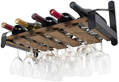 Mount Wood Floating Wine  with Glassware Holder Stemware Shelf Organizer for 5 Bottle and up to 15 Glass Storage - Kitchen Dinin