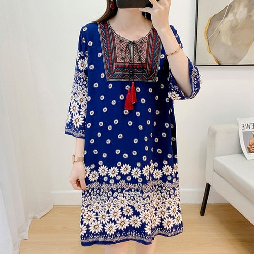 Women's Clothing Women Indian Dress Ready Stock Summer Vintage Causal Korean Style Beach Embroidery Tassel Floral Print Vestidos