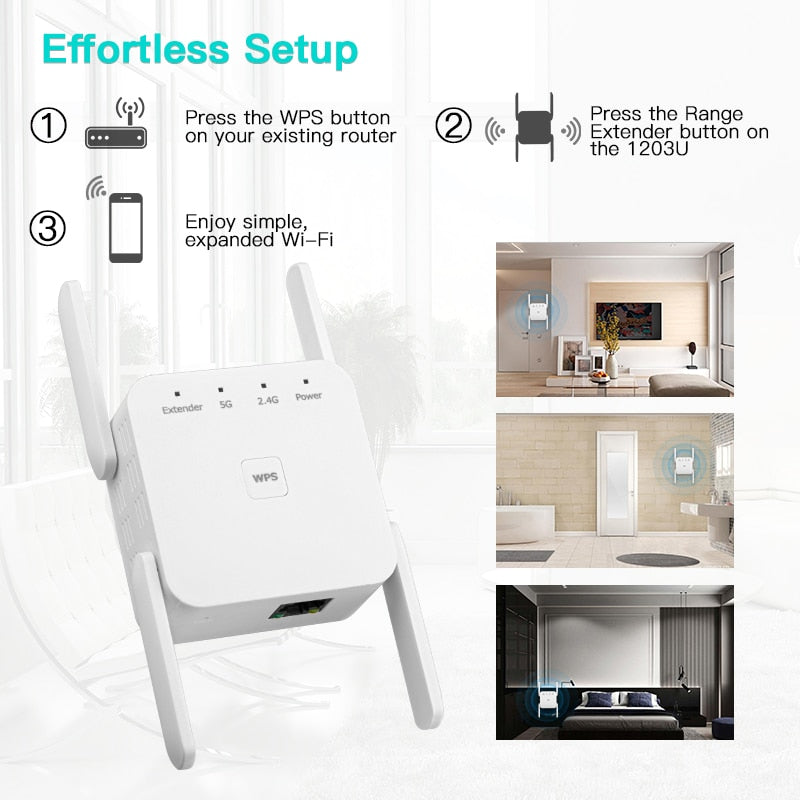 5Ghz AC1200 WiFi Repeater 1200Mbps Router WiFi Extender Amplifier 2.4G/5GHz Wi-Fi Signal Booster Long Range Network Access Point