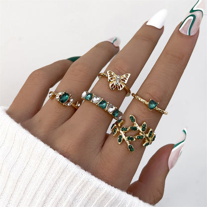 Aprilwell 5Pcs Green Crystal Rings Set for Women Gold Plated Vintage Aesthetic Geometric Luxury Anillos Lady Jewelry Gifts Bague