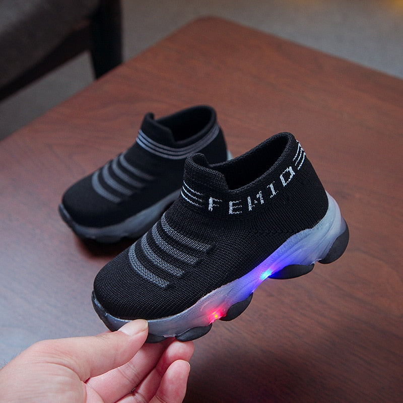 Kids Sneakers Children Baby Girls Boys Letter Mesh Led Luminous Socks Sport Run Sneakers Shoes Sapato Infantil Light Up Shoes