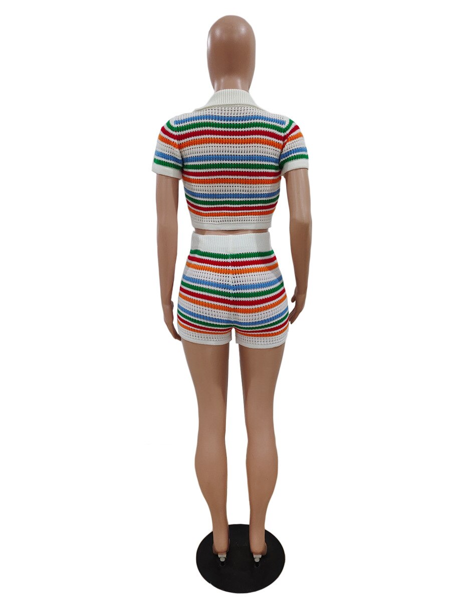 Rainbow Stripe Knit Ribbed Women's Set Short Sleeve Button Shirt and Shorts 2023 Summer Two 2 Piece Set Outfit Tracksuit