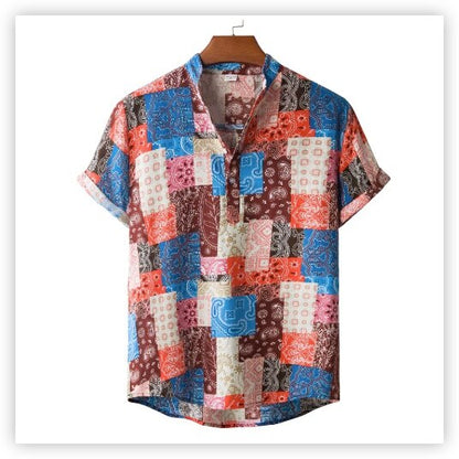 Retro Men's Shorts Sleeve Shirts Mandarin Collar Casual Pullover Half Button Loose Plaid Comfy Shirt For Summer with Pocket
