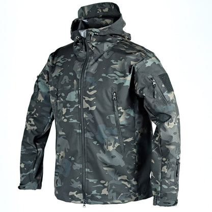 Spring and Autumn Thin Shark Skin Jacket Men&#39;s Hooded Multi Pocket Zipper Tactical Coat Men Outdoor Special Forces Combat Jacket