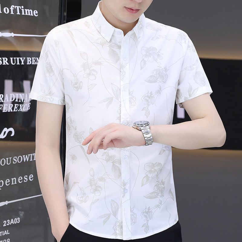 Korean Casual Trend Floral Printed Short Sleeve Shirt for Men Fashion Vintage Polo-Neck Single-breasted Shirt Male Clothes 2023