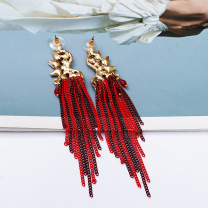 New Trendy Metal Chains Dangle Earring Red Rhinestone Long Tassel Earrings for Women 2023 Summer Jewelry Accessoires Femme