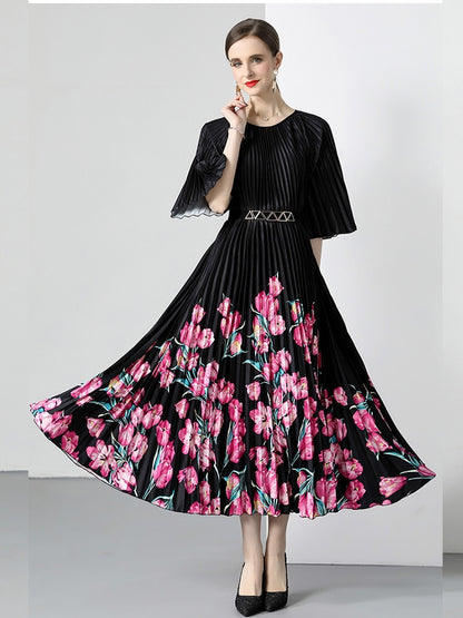 Miyake New Summer Pleated Long Dress Women O-Neck Lace-up Belt Print Loose Large Size Vintage Party Party Maxi Dress 2023