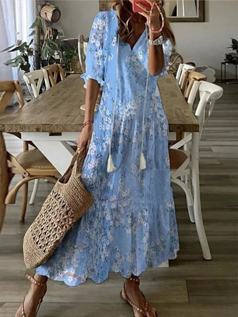 Boho Maxi Dress Women Summer 2023 V Neck Loose Long Dresses Geometric Print Vintage Holiday Beach Casual Tie Up Female Vestidos