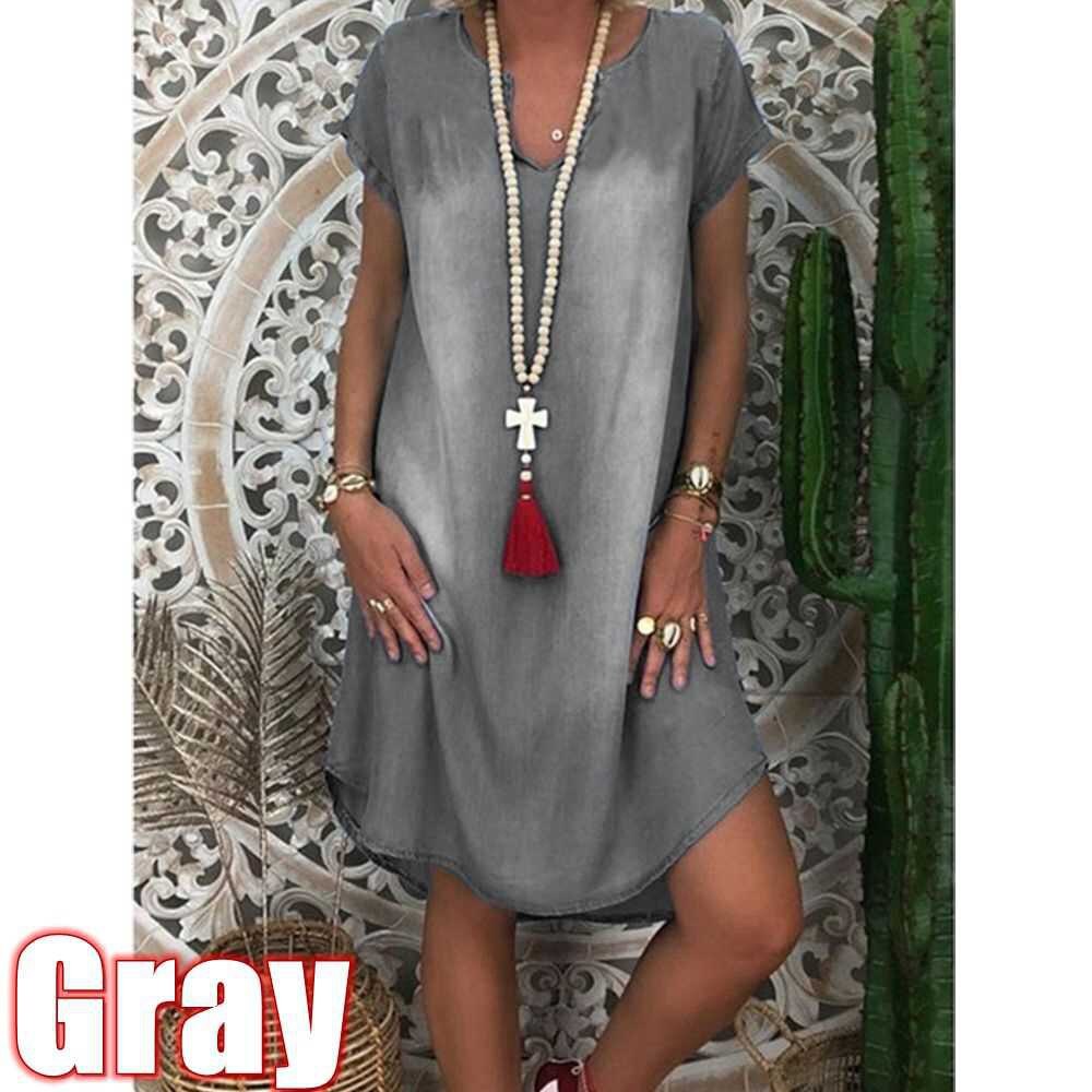 Denim Dress S-5xl Women's NEW Fashion Casual Solid Sexy V Neck Long Party Loose платье Short Sleeve Swing Summer Dress