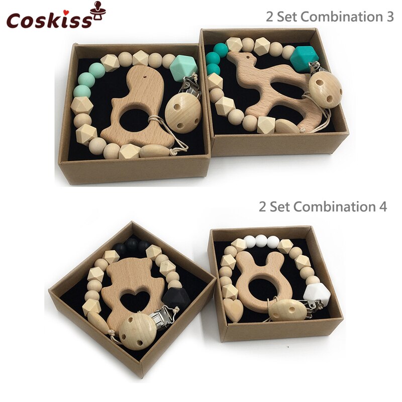 2pc Baby Teether Organic Wooden Animal Teether Natural Teething Grasping Toy Silicone Bead Toddler Teether Newborn DIY Baby Gift