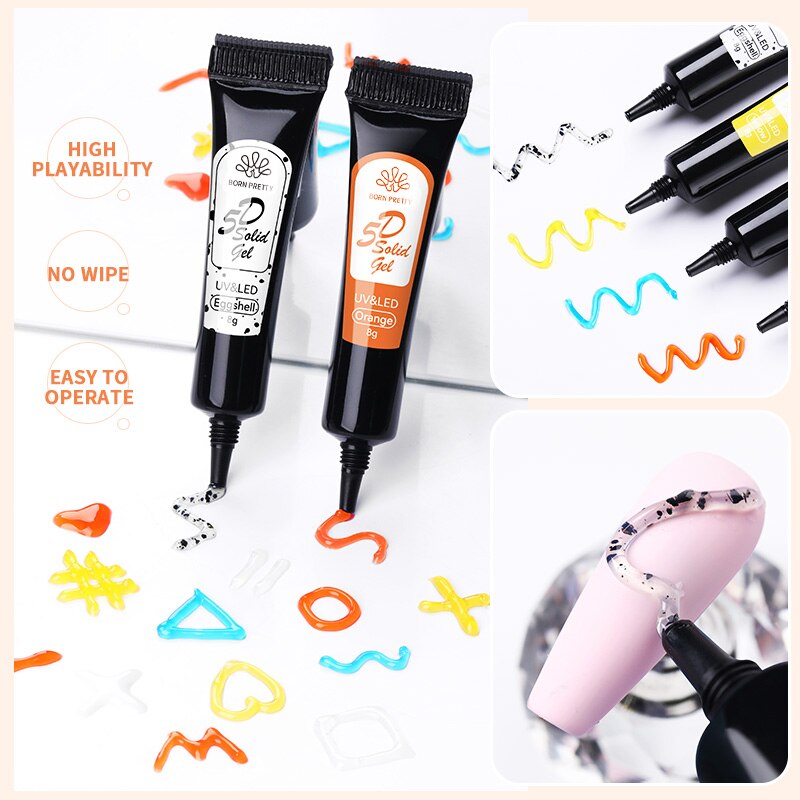 BORN PRETTY 8g Tube 5D Pudding Gel Korean-Style 5D Solid Gel Emboss Nail Design Macaron Translucent Paint Liner Gel 6 Colors