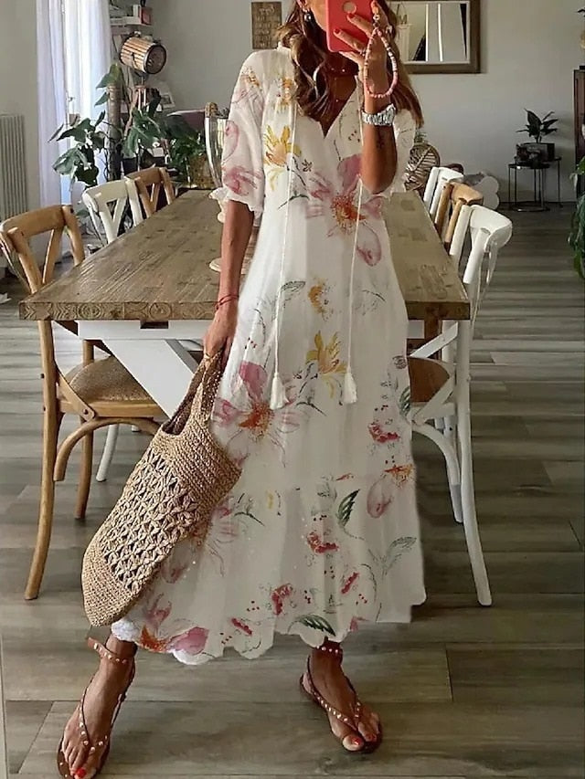 2023 Bohemian Long Dress Women Summer Vintage Floral Print V Neck Half Sleeve Dresses Female Casual Drawstring Loose Beach Dress