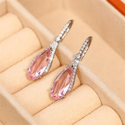 Luxury Silver Color Metal Inlaid Pink Zircon Earrings for Women Exquisite Fashion Engagement Wedding Dangle Earrings Jewelry
