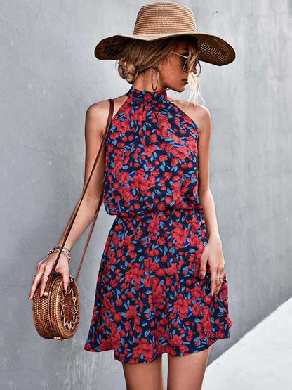 2023 Summer Short Floral Dress Women Sleeveless Mini Halter Boho Dress Ladies Sundress Flower Holiday Party Dress For Women Red