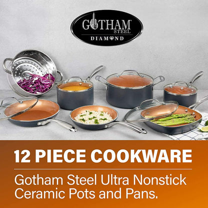 Diamond 12 Piece Cookware Set, Non-Stick Copper Coating, Includes Skillets, Frying Pans and Stock Pots, Dishwasher and Oven Safe