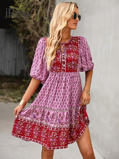 Elegant and Chic Fixed Pattern Design Short Lanten Sleeve Bohemian Dress for Women Summer Vacation Home Viscose Dresses Clothing